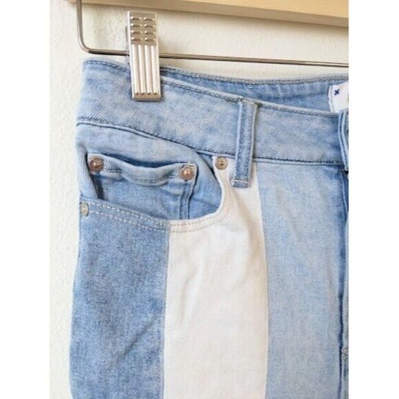 Paige Sz 27 Cindy Patchwork Blue Sky Piercing Jeans Straight Blue White Stretch - Picture 5 of 9